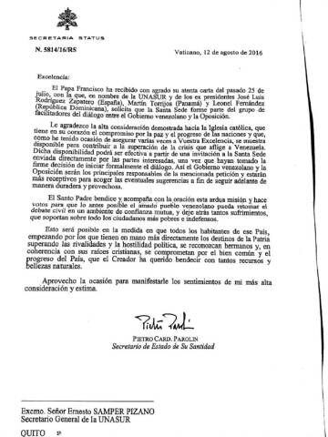 Carta enviada do Vaticano à Unasul
