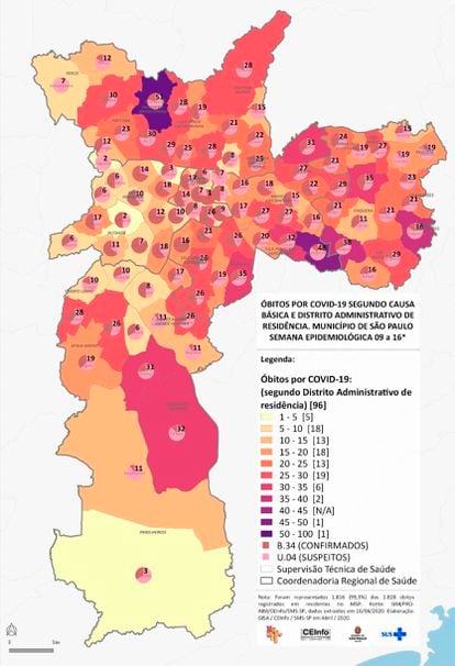 Mapa dos óbitos por coronavírus em São Paulo por região, na semana de 09 a 16 de abril. Fonte: Secretaria da Saúde