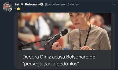 Postagem feita pelo presidente Jair Bolsonaro com frase descontextualizada de Debora Diniz.