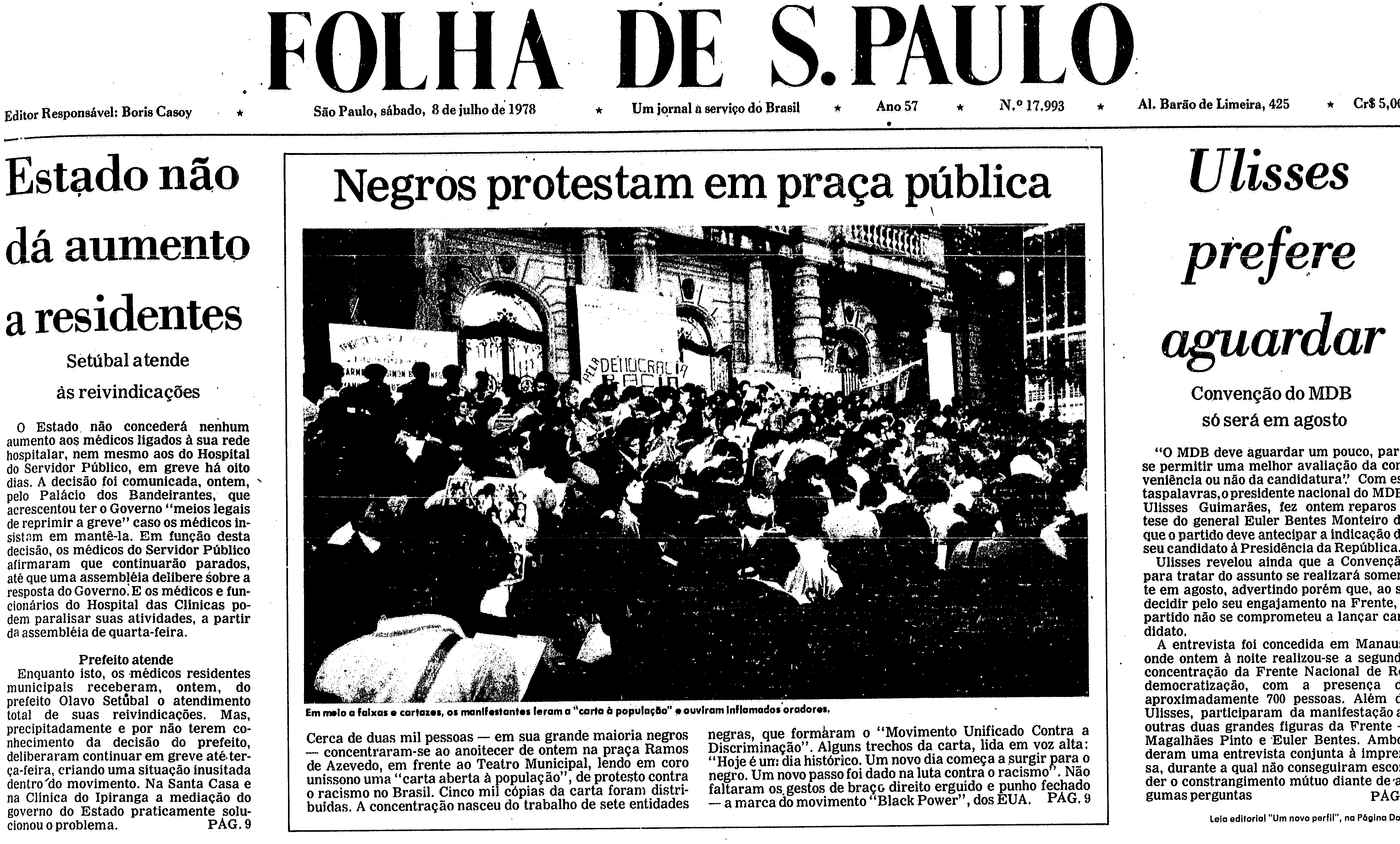 Capa do jornal 'Folha de S.Paulo' de 8 de julho de 1978 noticia o ato de lançamento do MNU.