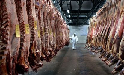 Inspetor supervisiona carne bovina em uma câmara frigorífica em Buenos Aires, no mês de julho.