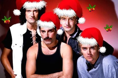 Queen é o grupo com mais hinos da história. Mas de sua canção de Natal ninguém se lembra. Na imagem, montagem natalina sobre foto dos quatro músicos.