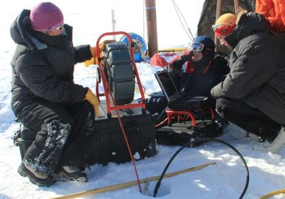 Especialistas coletam amostra de gelo na Groenlândia.