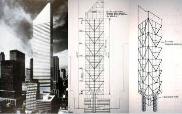 Esboço da estrutura desenhada pelo engenheiro William LeMessurier. As nervuras diagonais das fachadas direcionam a carga sobre os quatro pilares situados no centro das faces do edifício, e não nos cantos