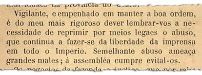 Trecho do discurso pronunciado por D. Pedro I no Parlamento em 1830: desejo de amordaçar a imprensa (imagem: Falas do Trono/Biblioteca do Senado)

