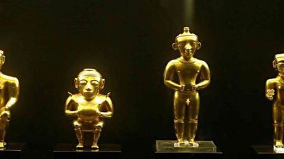 Seis das 122 peças do tesouro quimbaya, presenteado pelo governo colombiano à Espanha e exposto atualmente no Museu da América, em Madri.