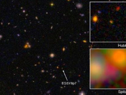 Galaxy EGS8p7, visto do Hubble e do Spitzer.