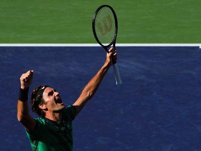Federer celebra seu triunfo contra Wawrinka.