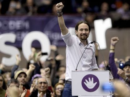 Pablo Iglesias, do Podemos, em Barcelona neste domingo.
