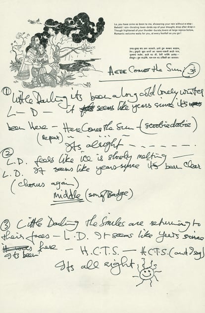 A letra manuscrita por Harrison e com seus desenhos de ‘Here comes the sun’.