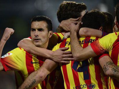 Pedro comemora o quinto gol do Barça.