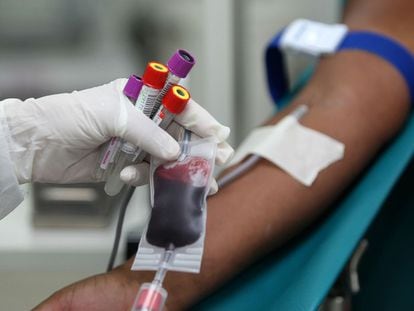 Uma pessoa doa sangue durante a pandemia de coronavírus em Salvador.