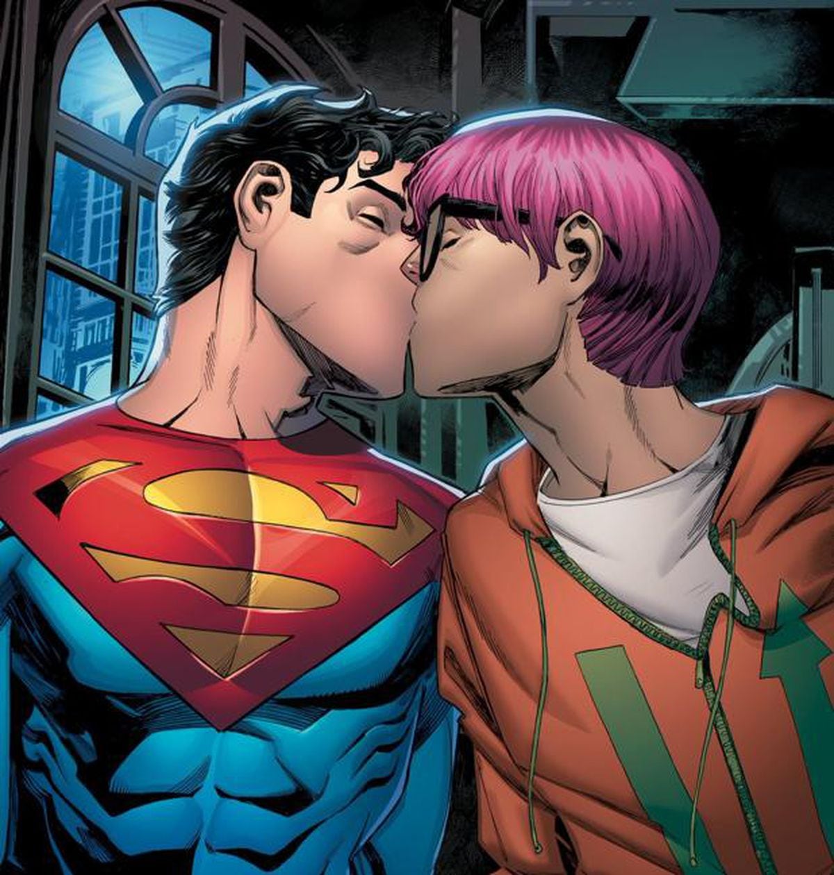 John Kent, filho do Superman e Lois Lane, com o seu namorado Jay Nakamura