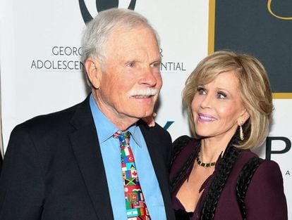 Jane Fonda e seu ex-marido Ted Turner, em uma das festas organizadas para celebrar os 80 anos da atriz.