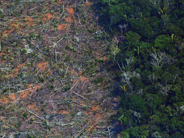 (FILES) In this file photo taken on August 23, 2019 Aerial picture showing a deforested piece of land in the Amazon rainforest near an area affected by fires, about 65 km from Porto Velho, in the state of Rondonia, in northern Brazil. - Deforestation in the Brazilian Amazon registered a semi-annual record of 3,070 km2 between January and June, 2020, according to official data that increases pressure on Brazilian President Jair Bolsonaro to abandon his projects of economic opening of the largest rainforest in the planet. (Photo by CARL DE SOUZA / AFP)