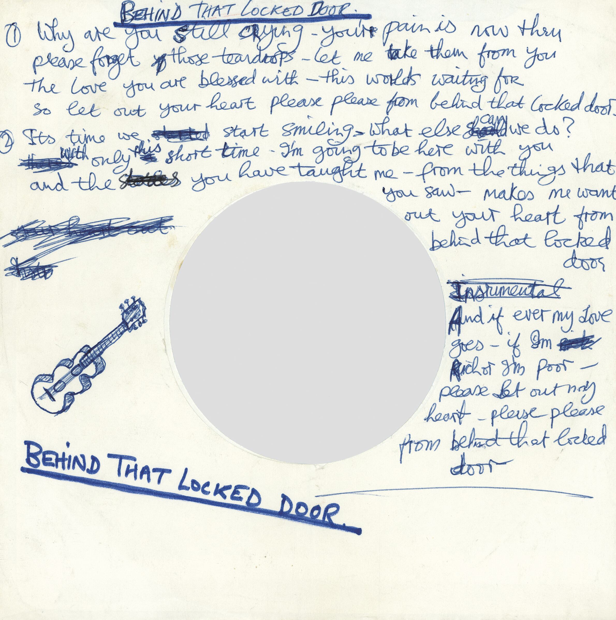 A letra escrita a mão pelo próprio Harrison de ‘Behind that locked door’, canção do disco 'All things must pass’.
