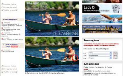 A página na Internet do jornal 'L'Express' mostra a fotografia original da Reuters (abaixo) e o retoque da revista 'Paris-Match' do pneuzinho do presidente francês, Nicolas Sarkozy, durante suas férias de verão nos EUA.