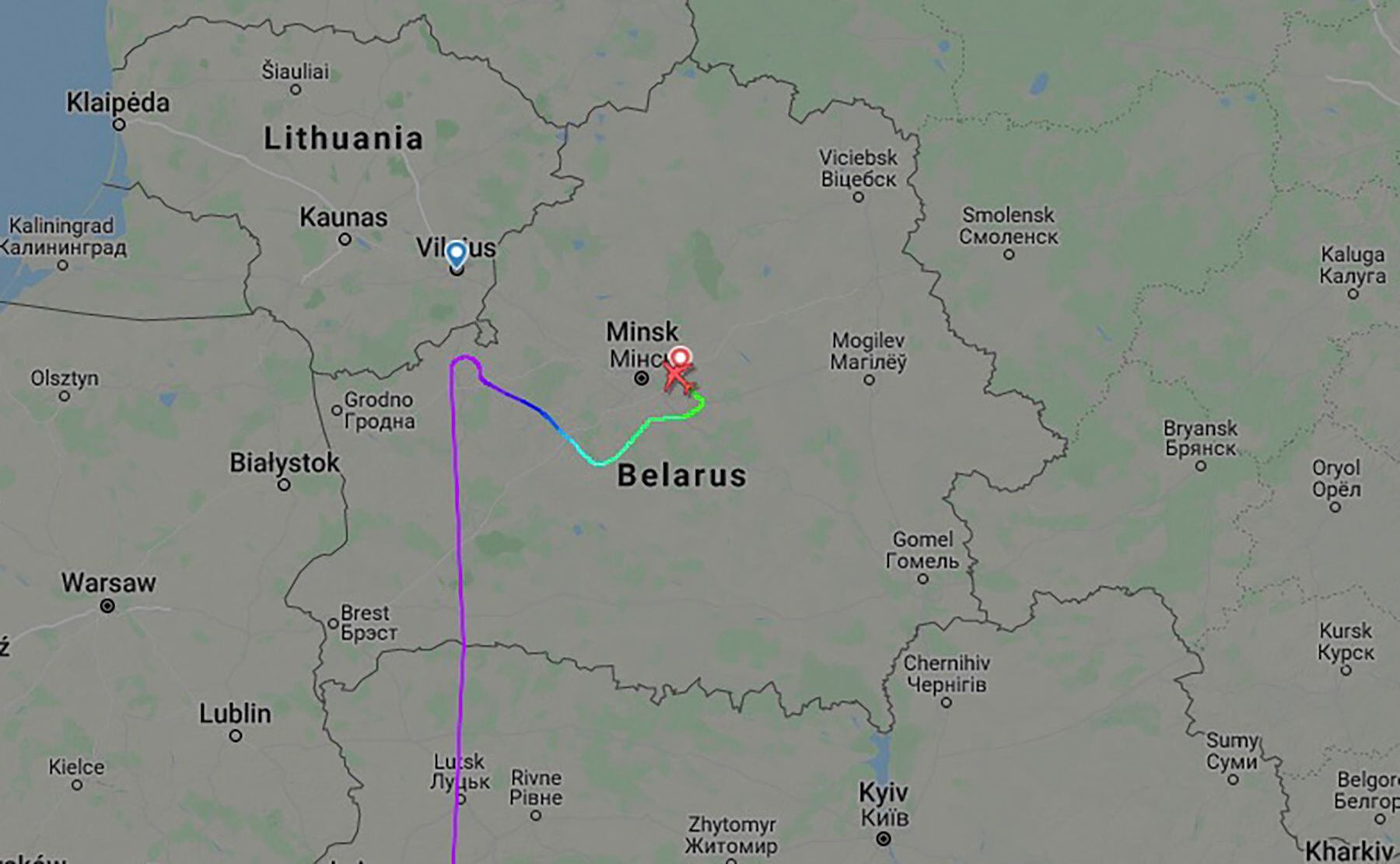 Trajetória do voo da Ryanair 4978, que voava de Atenas a Vilnius e que foi desviado para Minsk no domingo. 