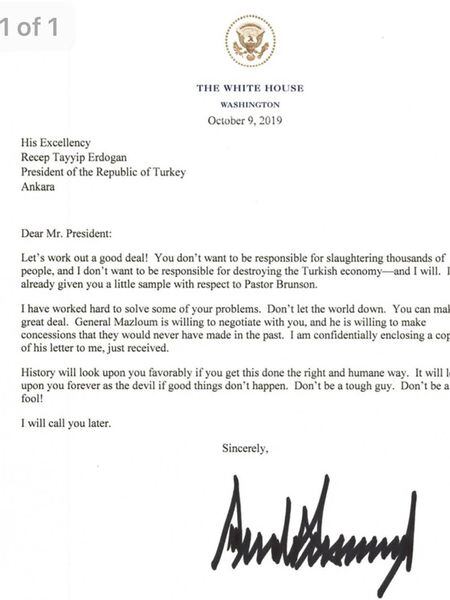 Imagem da carta de Trump a Erdogan.