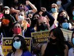 SANTIAGO, CHILE - OCTOBER 18:A group of woman with mask for approval participates in the demonstration on the anniversary of the social outbreak of 2019 on October 18, 2020 in Santiago, Chile. A series of protests and social unrest arose on October 18, 2019, after a subway fare increase. It developed in a movement demanding improvements in basic services, fair prices and benefits including pensions, public health, and education. As a result, Chile will hold a referendum next Sunday to to decide whether or not to modify the Pinochet-era constitution. (Photo by Marcelo Hernandez/Getty Images)