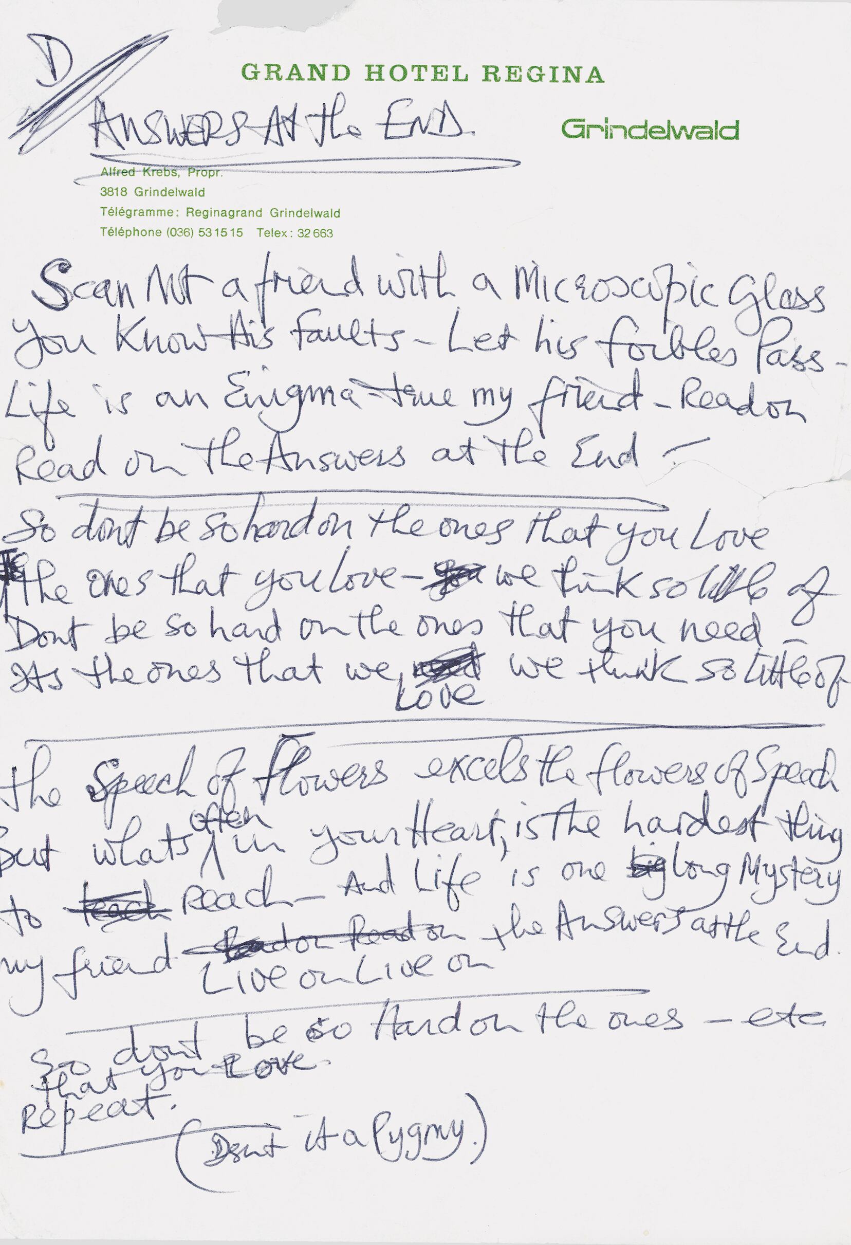 A letra de ‘The answer's at the end’, escrita numa folha com o timbre do Grand Hotel Regina, na Suíça.