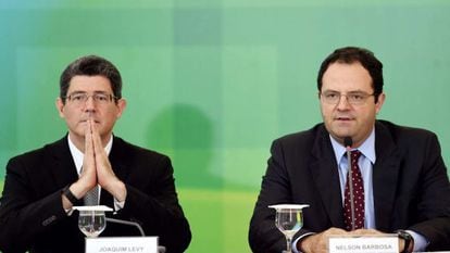 Joaquim Levy e Nelson Barbosa durante anúncio em Brasília,