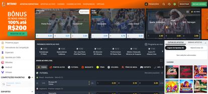 Página inicial do site da Betano, com diversos esportes e possibilidades de apostas.