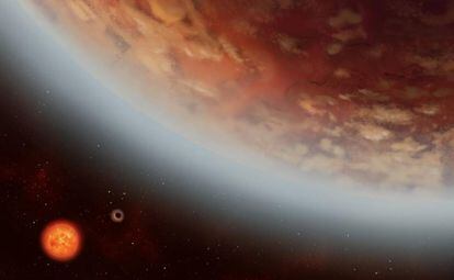 Ilustração do planeta K2-18B, ao lado de seu vizinho K2-18C; ambos orbitam a estrela anã vermelha K2-18.