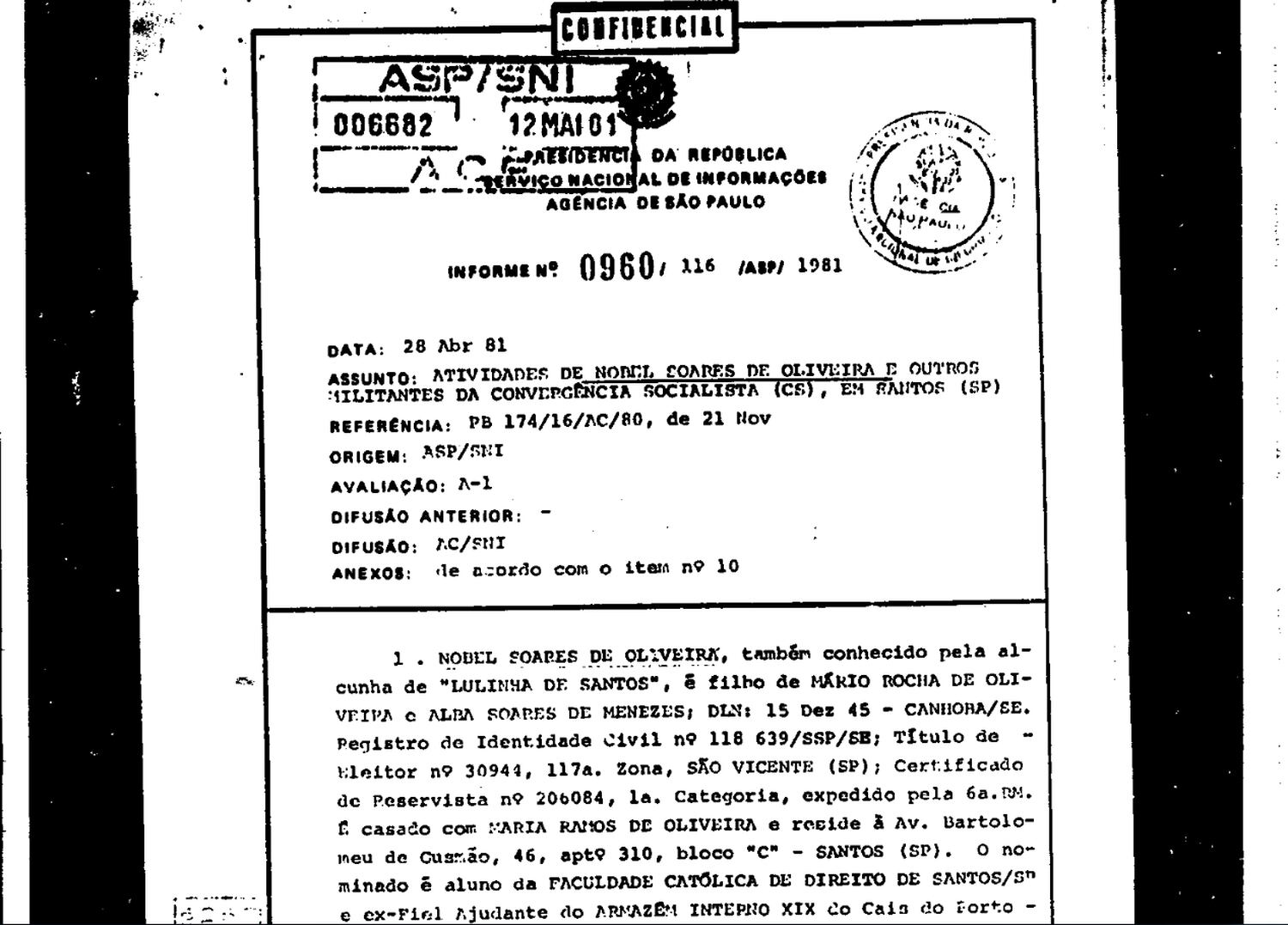Documento do SNI, a polícia política da ditadura, com informações municiadas pelo Porto de Santos.