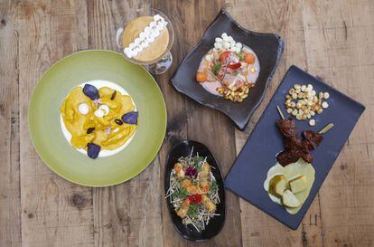 A partir da esquerda, ají de gallina, suspiro limeño, quina, ceviche e espetinho de carne.