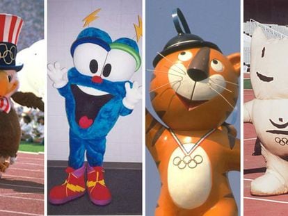 Sam, Izzy, Hodori e Cobi (mascotas dos Jogos Olímpicos de Los Angeles, Atlanta, Seul e Barcelona).