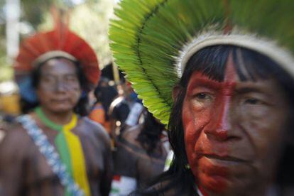 Indígenas no acampamento Terra Livre, em Brasília, no último dia 25.