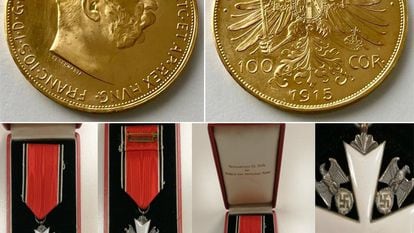 Acima, cara e coroa de uma das 31 moedas de ouro do império austro-húngaro encontradas em um cofre de banco em Dénia, na Espanha, bem como a medalha nazista da Ordem da Águia sem espadas, da qual se veem vários detalhes.