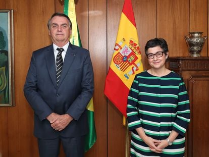 O presidente Jair Bolsonaro e a ministra das Relações Exteriores da Espanha, Arancha González Laya, nesta sexta.