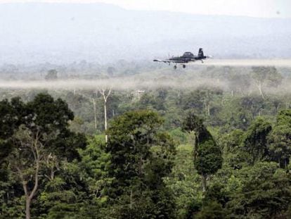 Fumigação aérea sobre cultivos de coca no sul de Colômbia.