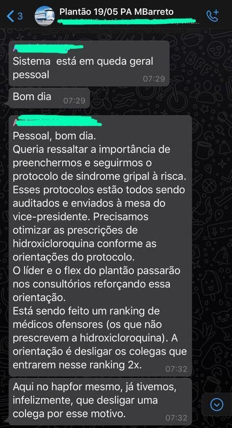 Reprodução de mensagens em grupo de funcionários da Hapvida no Watsapp mostram pressão para prescrever cloroquina contra a covid-19.