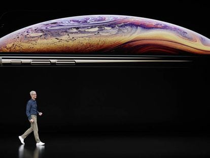 O executivo-chefe da Apple, Tim Cook, na apresentação do iPhone em setembro de 2018.