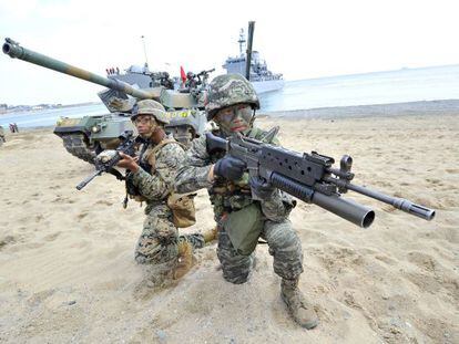 Marines dos Estados Unidos e Coreia do Sul durante um exercício em abril de 2013, em Pohang, 270 km ao sudoeste de Seul.