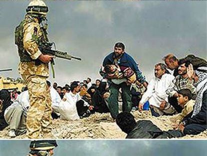 Montagem realizada pelo fotógrafo Brian Walski, dos 'Los Angeles Times'. Combinou com Photoshop as duas primeiras imagens, originais, nas quais um soltado britânico fala com civis durante a guerra do Iraque, para criar a terceira. Foi demitido.