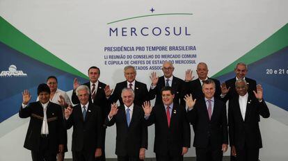 Os participantes da reuni&atilde;o do Mercosul, nesta quinta-feira, em Bras&iacute;lia.