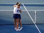Luisa Stefani, left, and Laura Pigossi, of Brazil, celebrate after defeating Veronika Kudermetova and Elena Vesnina, of the Russian Olympic Committee, in the women's doubles bronze medal tennis match at the 2020 Summer Olympics, Saturday, July 31, 2021, in Tokyo, Japan. (AP Photo/Patrick Semansky)