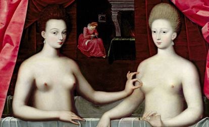 ‘Gabrielle d'Estrées e Sua Irmã' (Anônimo). Exemplo de erotismo da Segunda Escola de Fontainebleau, século XVI.