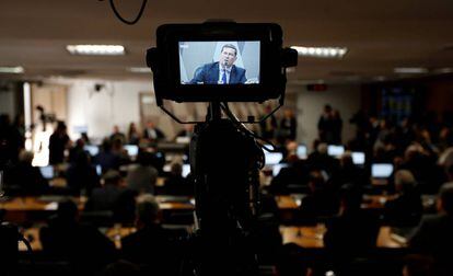 O ministro Sergio Moro fala aos senadores durante audiência da CCJ.