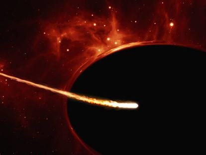 Representação do buraco negro “supermassivo” engolindo uma estrela como o Sol.