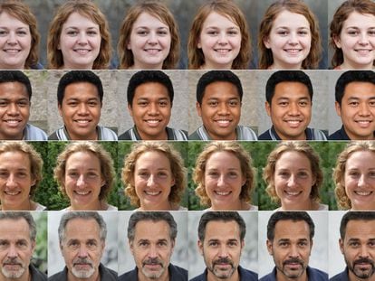 Quatro exemplos de séries de rostos usadas na pesquisa de Bogdan Kulynych que venceu a competição sobre o algoritmo do Twitter. Os rostos preferidos pelo algoritmo são os da direita, por quatro fatores: magreza, cor da pele, feminilidade e juventude.