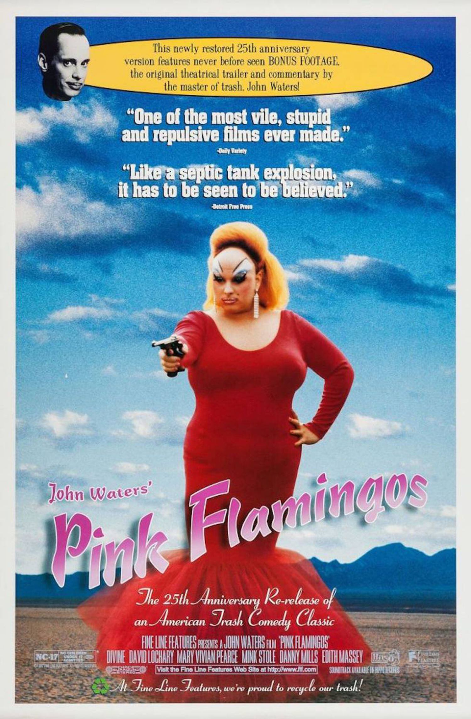Pôster comemorativo do 25º aniversário de ‘Pink Flamingos’, que destaca como a crítica recebeu o filme.