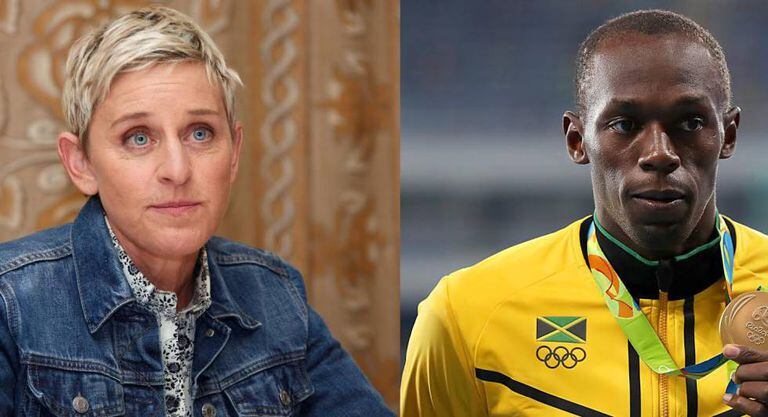 A apresentadora Ellen DeGeneres e o atleta Usain Bolt