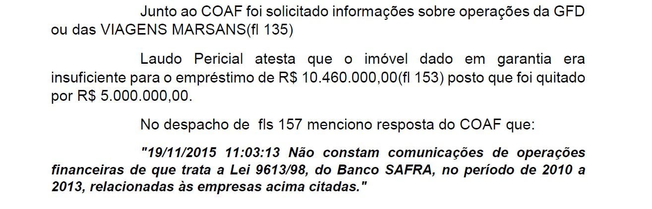 Trecho do relatório final do inquérito sobre o banco Safra com destaque para a ausência de comunicação do banco ao COAF.