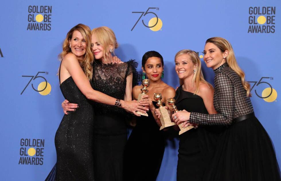 Laura Dern, Nicole Kidman, Zoe Kravitz, Reese Witherspoon e Shailene Woodley, vencedoras com a série 'Big Little Lies'.