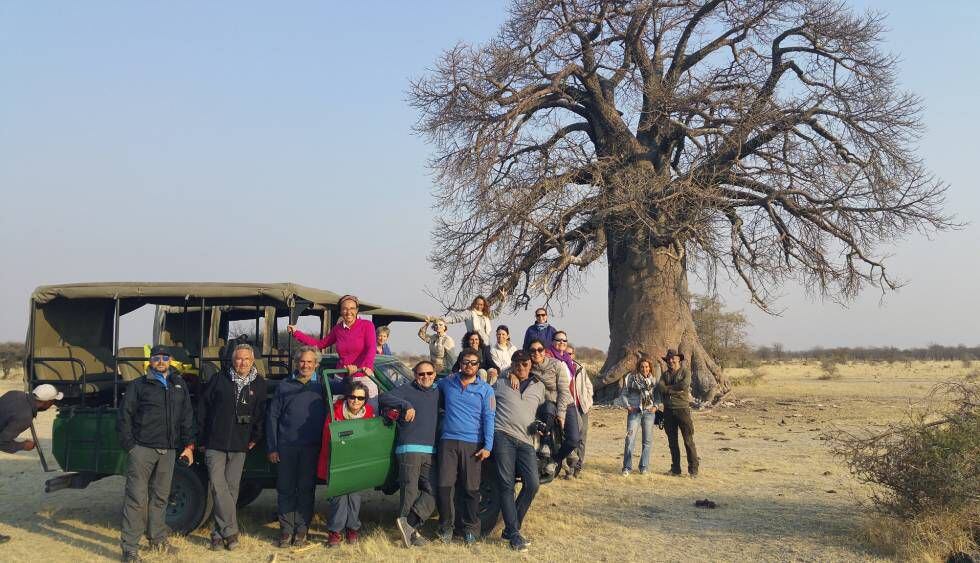 Um grupo de viajantes posa diante de um dos baobás gigantes perto de Gweta.
